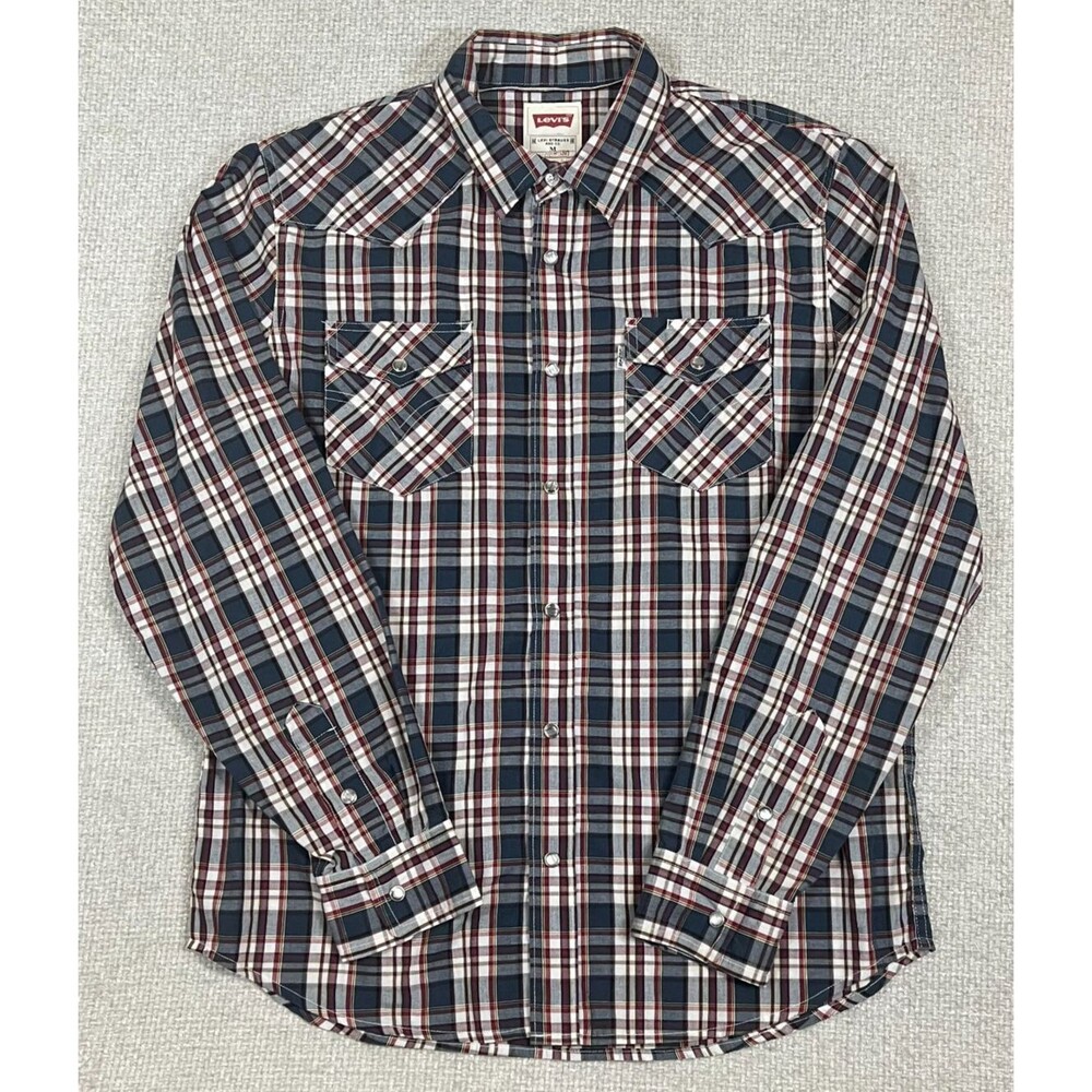 Levi's Pearl Snap Shirt Men's Medium Plaid Blue Red White Long Sleeve Modern Fit